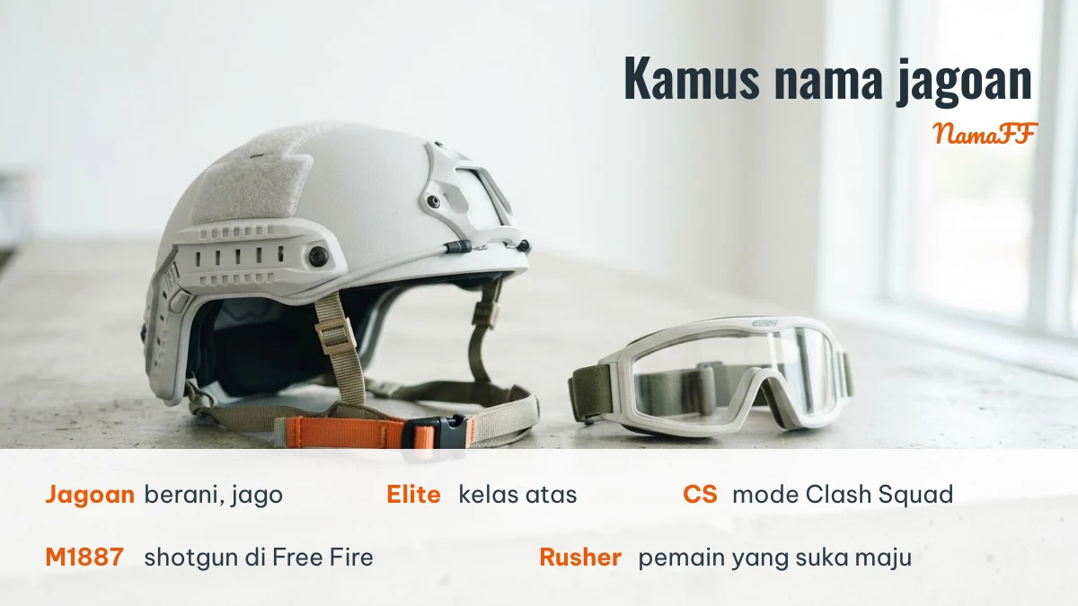 Helm taktis dan kacamata dengan kamus arti istilah jagoan, elite, CS, M1887, dan rusher