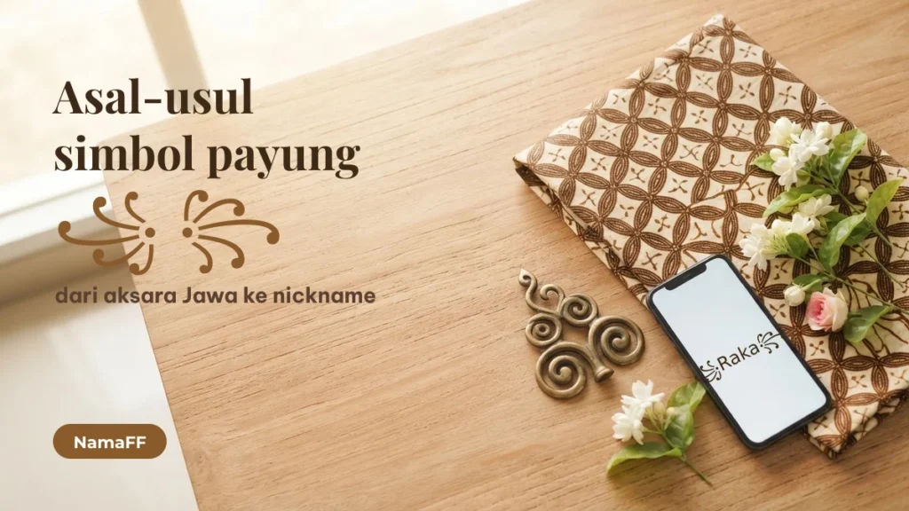 Kain batik kawung, ornamen kuningan melengkung, dan ponsel bertuliskan ꧁Raka꧂ sebagai ilustrasi asal-usul simbol payung dari aksara Jawa
