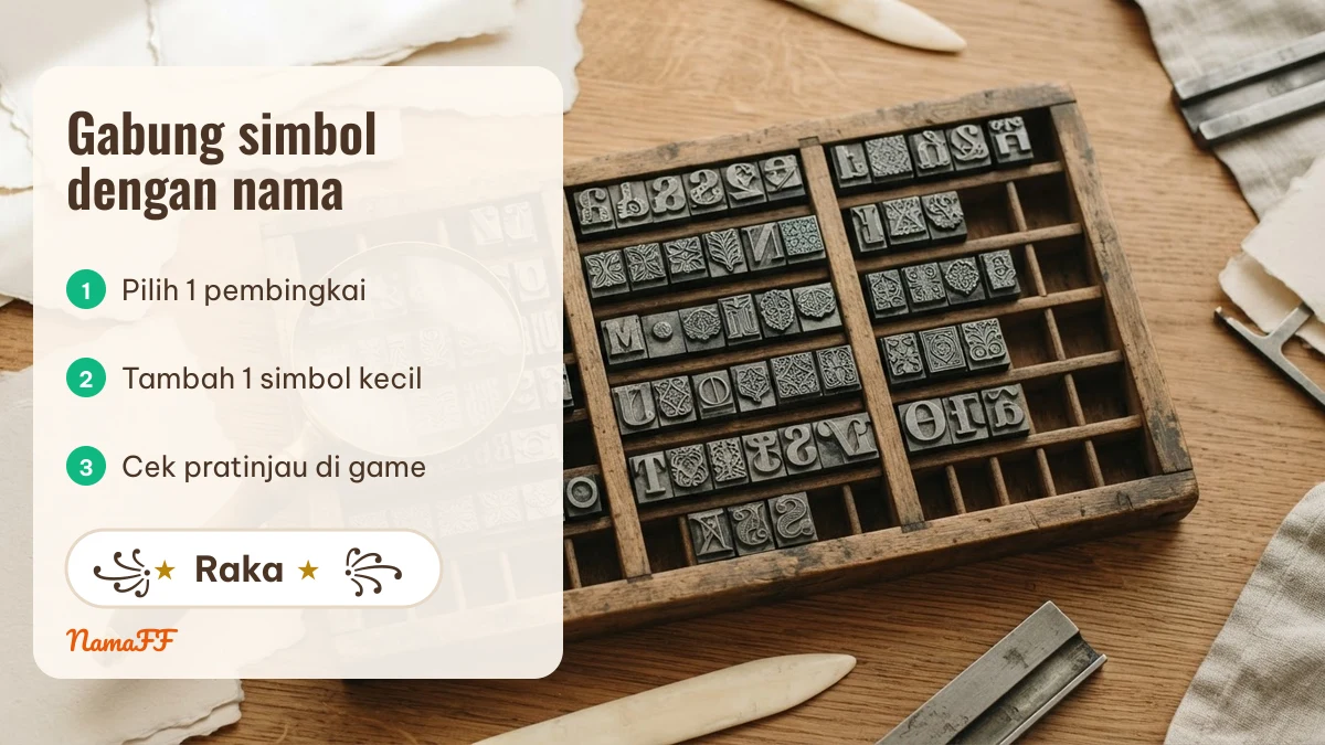 Tiga langkah menggabungkan simbol dengan nama FF dengan contoh ꧁★Raka★꧂ di samping huruf cetak kayu