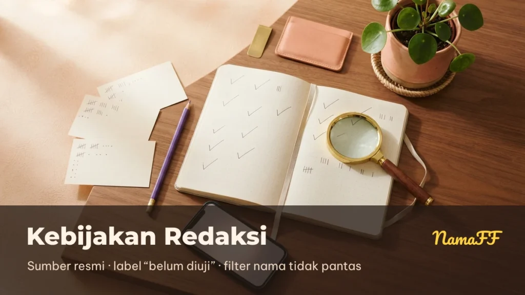 Buku catatan bertanda centang dan kaca pembesar, ilustrasi proses cek fakta redaksi NamaFF