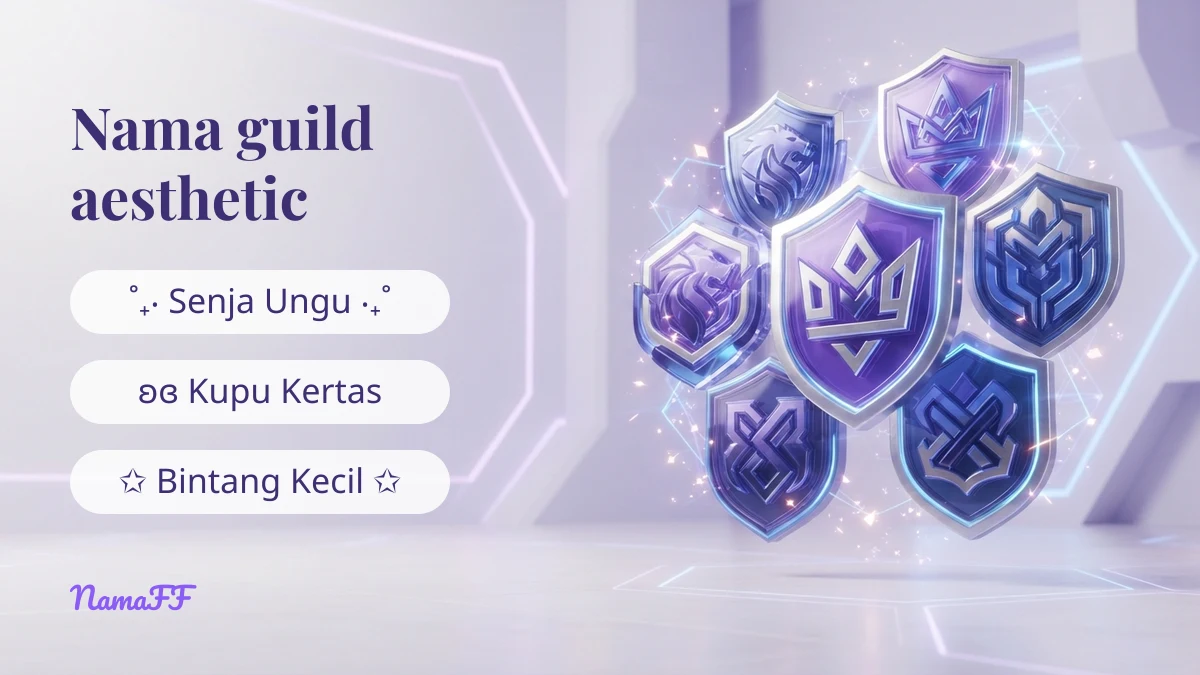 Perisai kaca ungu dengan contoh nama guild FF aesthetic Senja Ungu, Kupu Kertas, dan Bintang Kecil