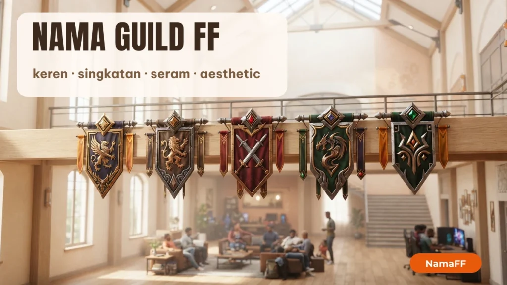 Aula guild dengan deretan panji dan perisai sebagai ilustrasi nama guild FF keren