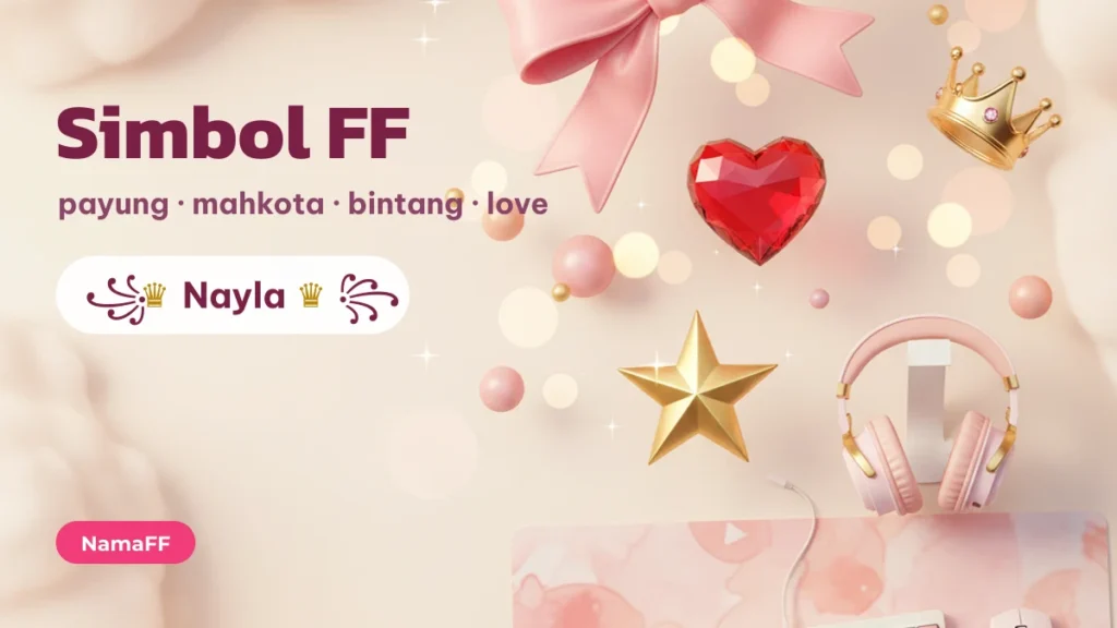 Hiasan pita, hati, bintang, dan mahkota dengan contoh nama FF ꧁♛ Nayla ♛꧂