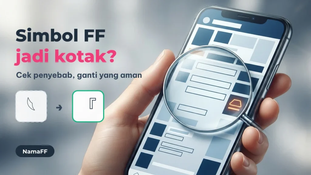 Kaca pembesar di atas layar ponsel dengan contoh simbol FF berisiko diganti simbol yang lebih aman