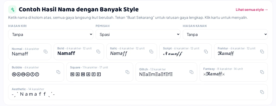 Tangkapan layar alat pembuat nama NamaFF dengan kartu hasil dan jumlah karakter