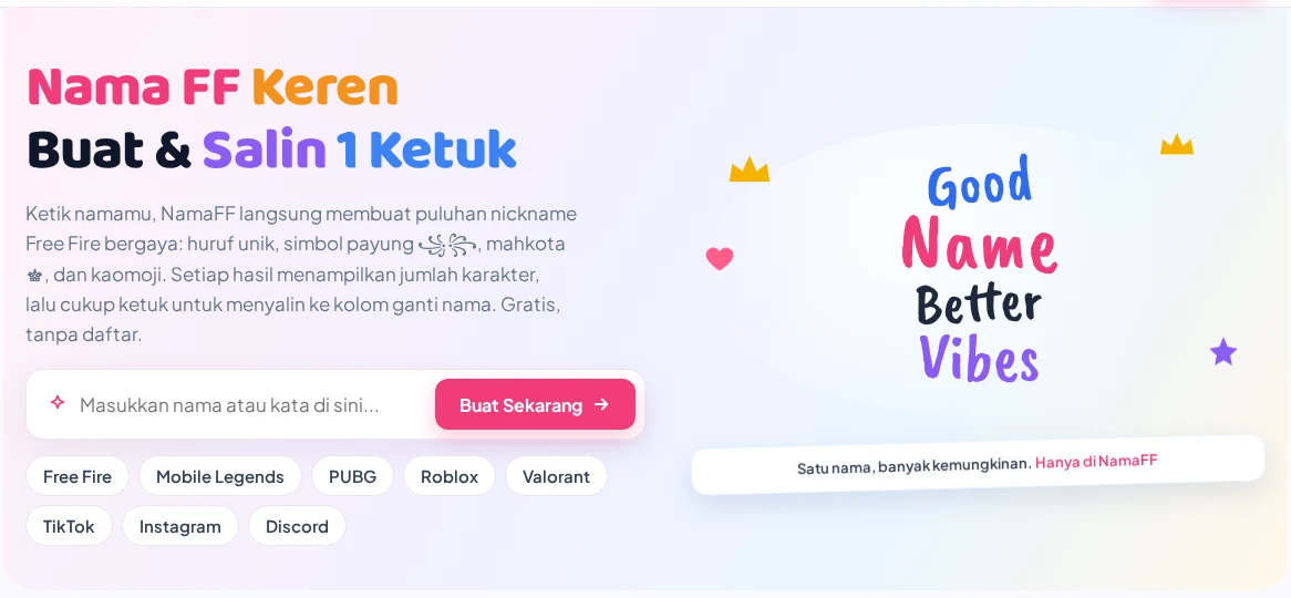 Tangkapan layar beranda NamaFF saat mulai online September 2026