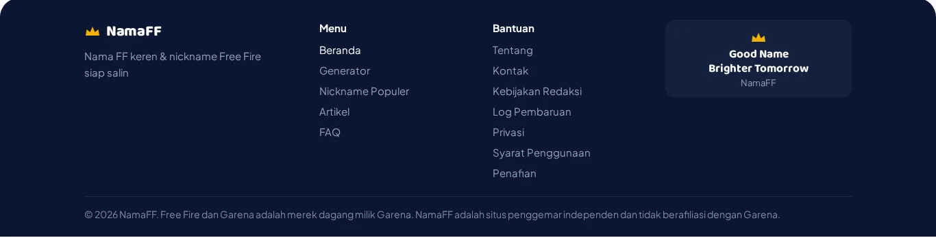 Tangkapan layar footer NamaFF berisi pernyataan tidak berafiliasi dengan Garena