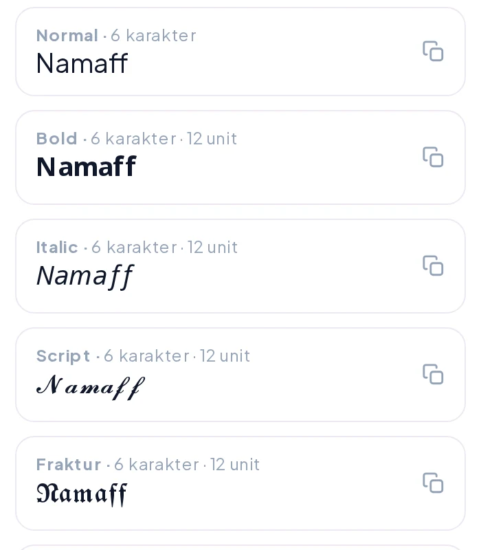Tangkapan layar kartu hasil NamaFF di ponsel yang menampilkan jumlah karakter dan unit