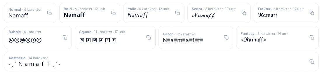 Tangkapan layar kartu hasil gaya nama NamaFF beserta jumlah karakter dan unit